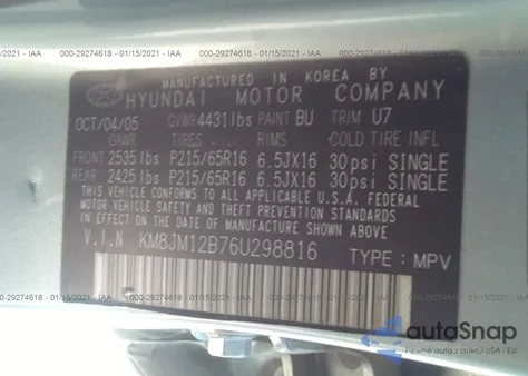 2006 Hyundai Tucson Gl из США, поврежденный, VIN KM8JM12B76U298816